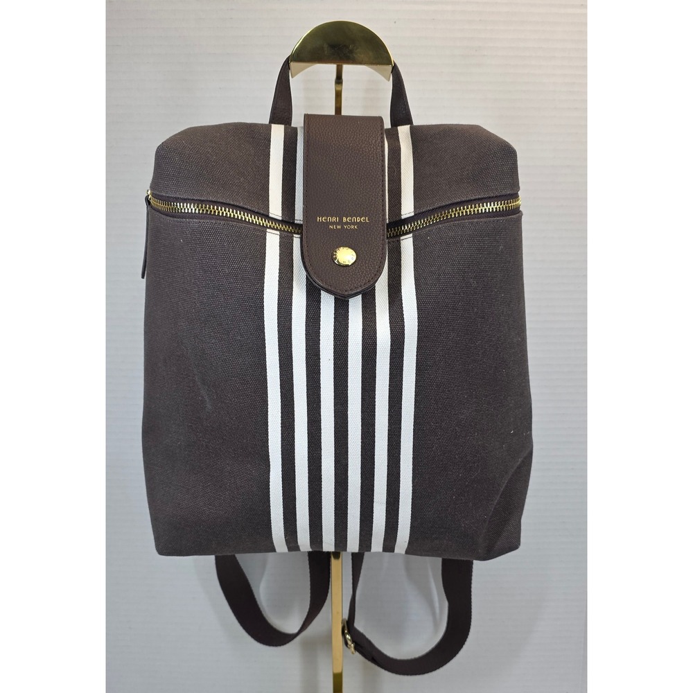 Henri Bendel Brown White Striped Canvas Backpack Gold Hardware Logo Flap Bag